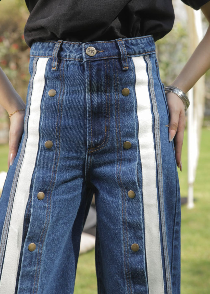 Women's Striato Flare Jeans in Dark Blue with Open Button Style