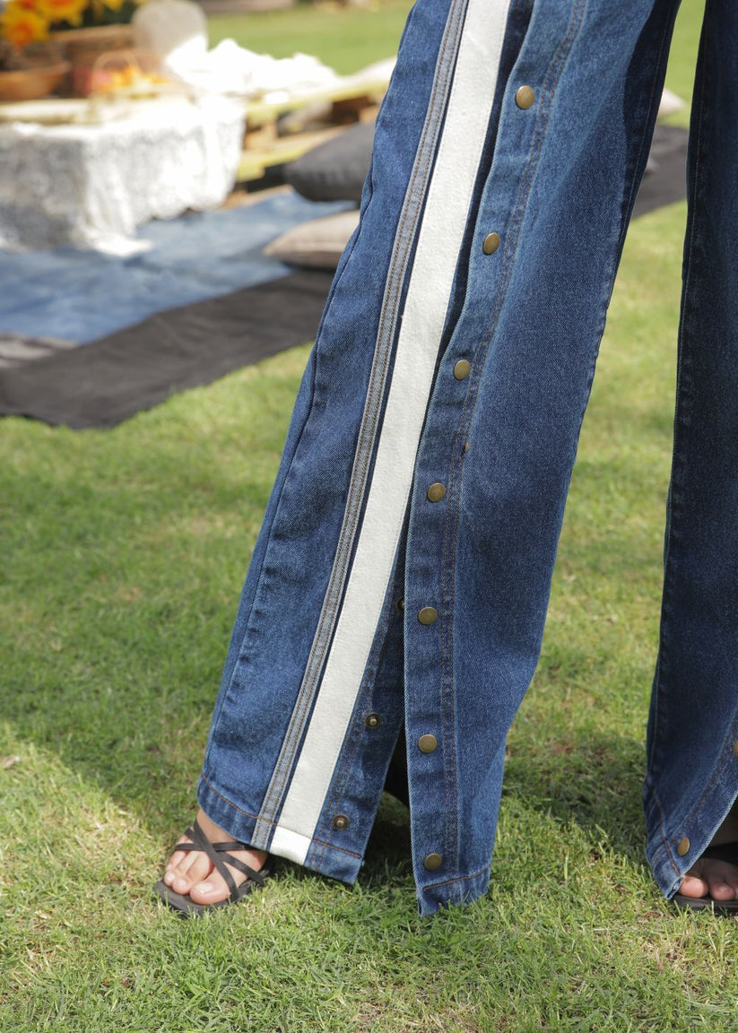 Women's Striato Flare Jeans in Dark Blue with Open Button Style