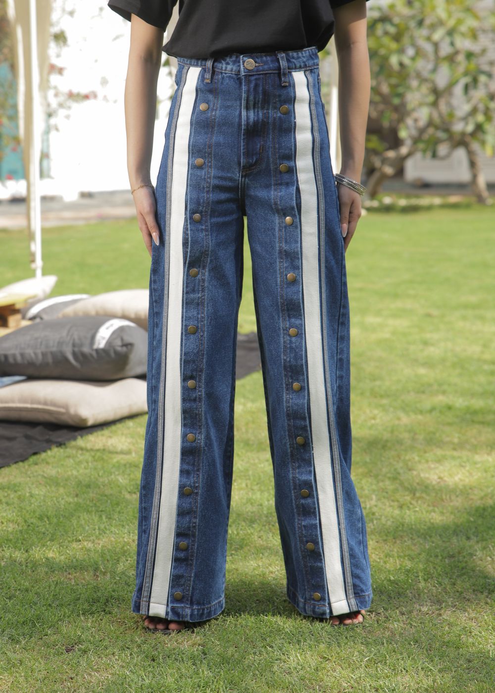 Women's Striato Flare Jeans in Dark Blue with Open Button Style