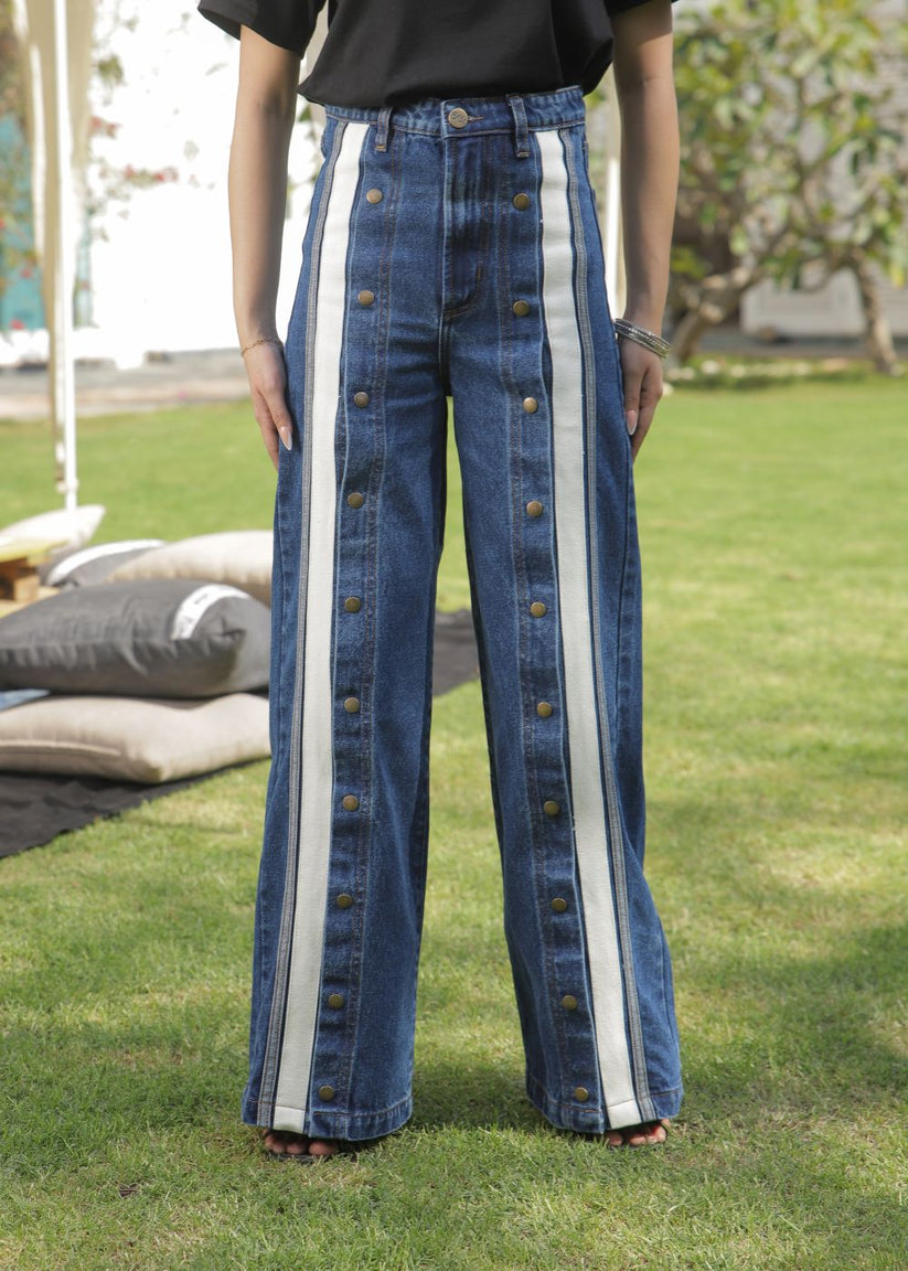 Women's Striato Flare Jeans in Dark Blue with Open Button Style