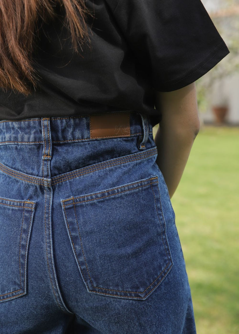 Women's Striato Flare Jeans in Dark Blue with Open Button Style