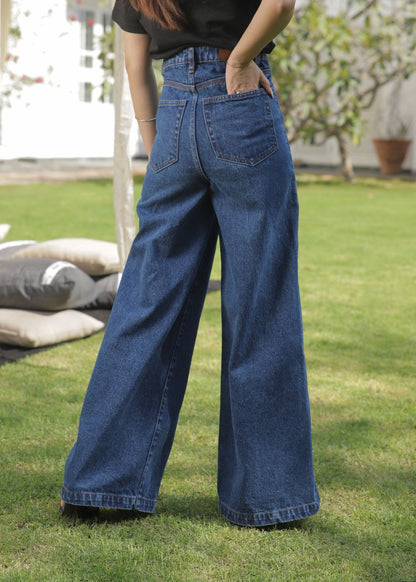 Women's Striato Flare Jeans in Dark Blue with Open Button Style