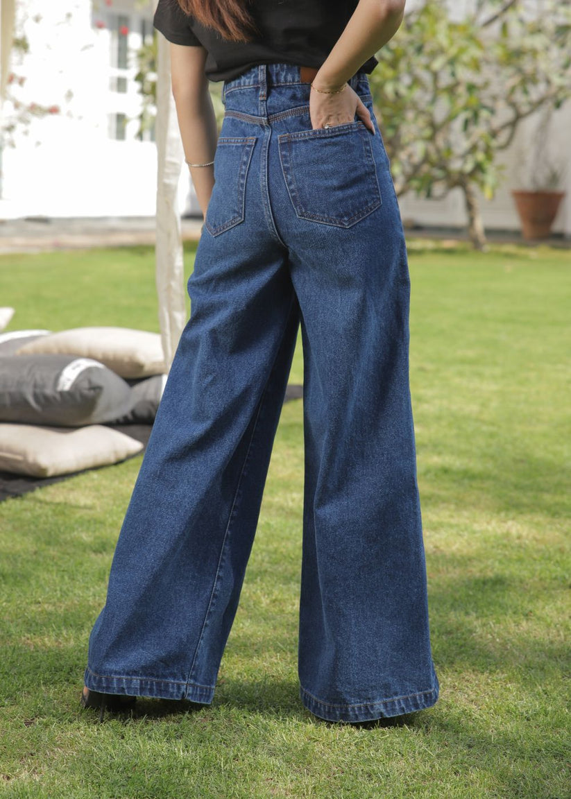 Women's Striato Flare Jeans in Dark Blue with Open Button Style