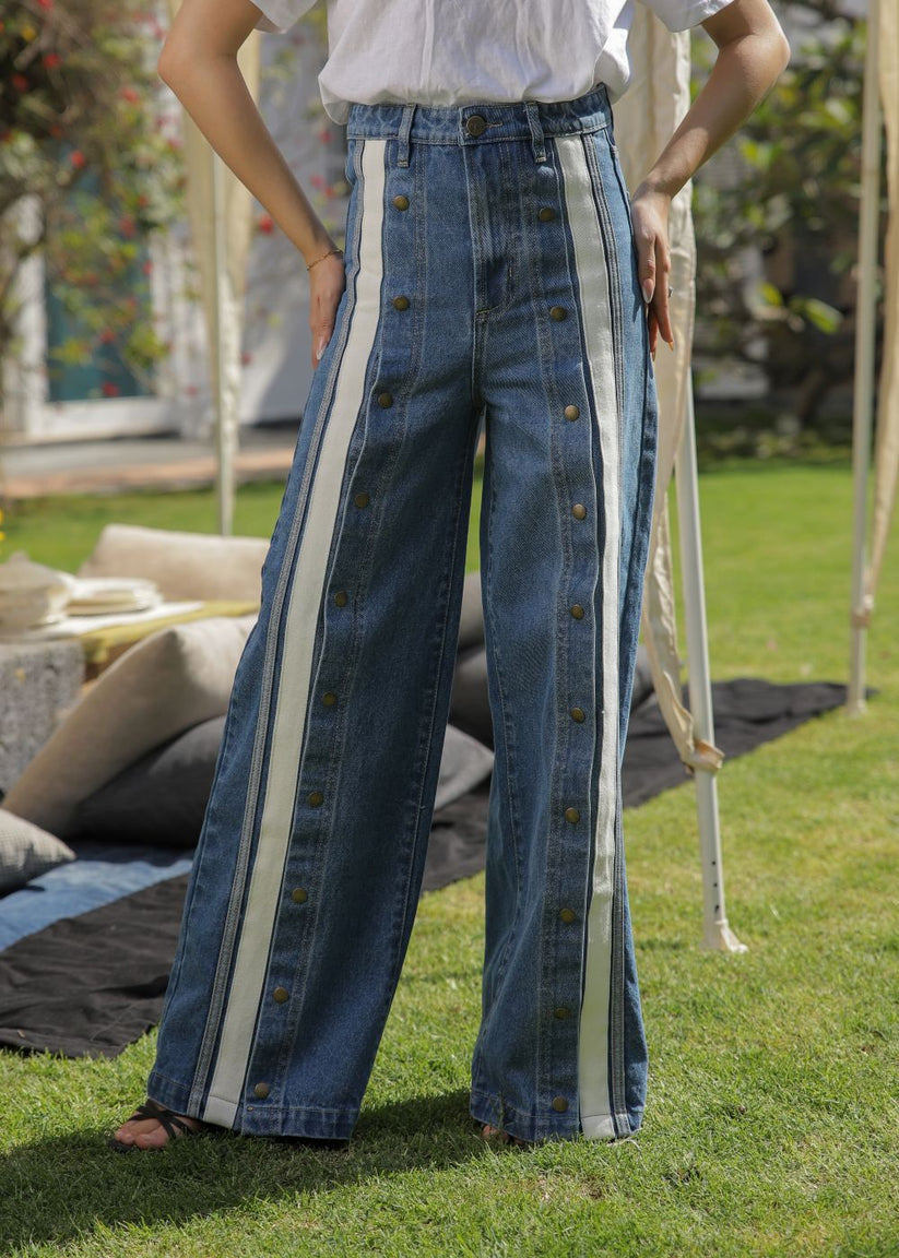 Women's Striato Flare Jeans in Mid Blue with Open Button Style