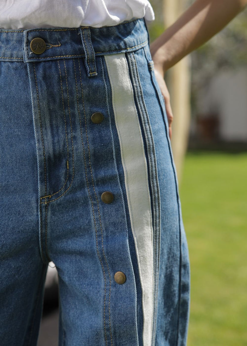 Women's Striato Flare Jeans in Mid Blue with Open Button Style