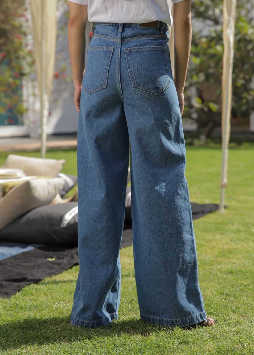 Women's Striato Flare Jeans in Mid Blue with Open Button Style