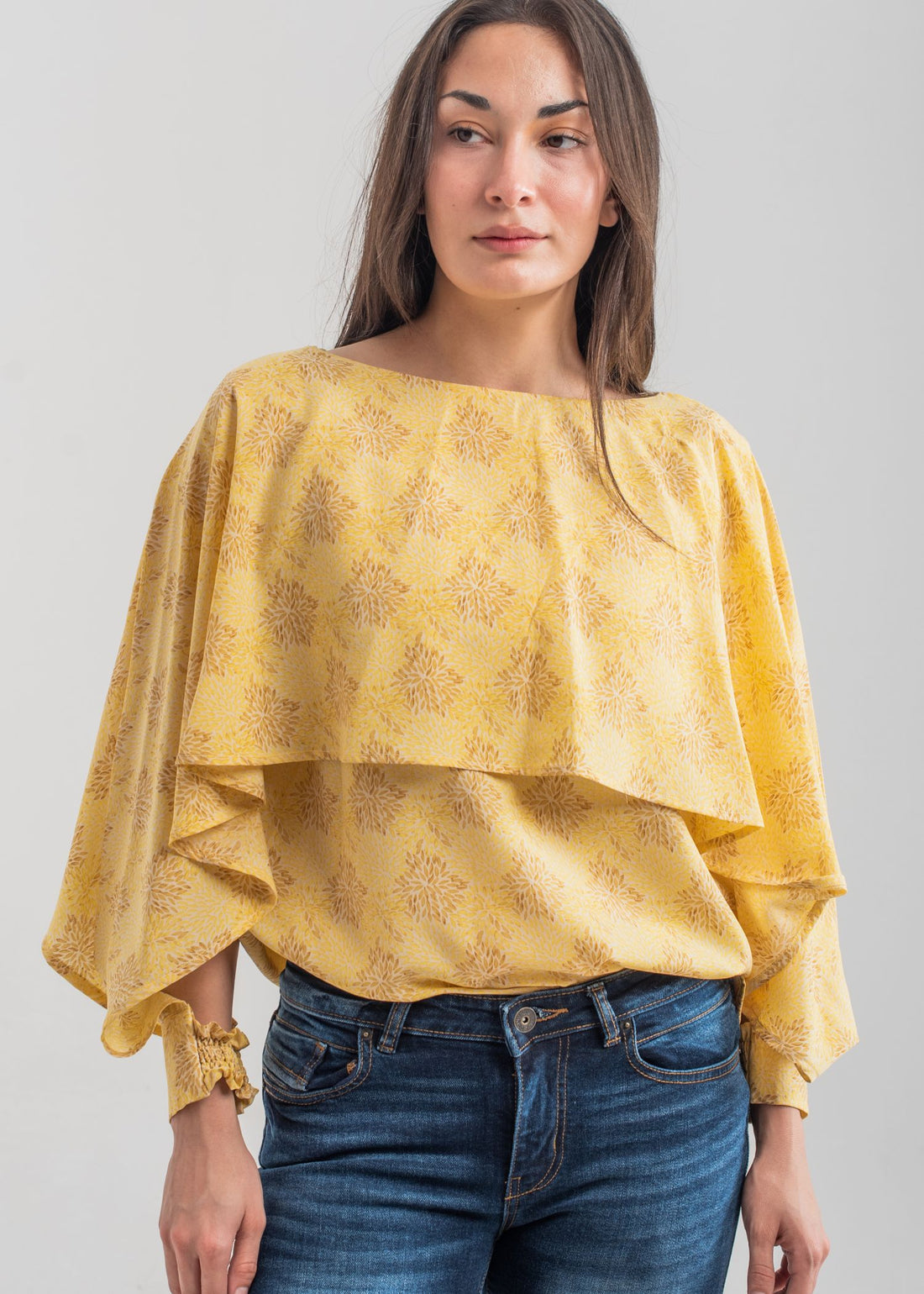 Women's Printed Wing Top in Yellow with a Floral Pattern