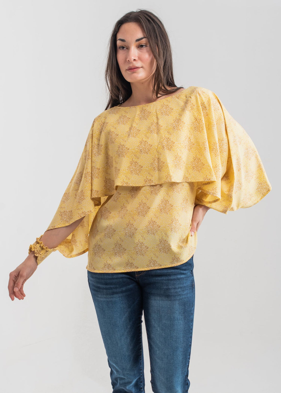 Women's Printed Wing Top in Yellow with a Floral Pattern