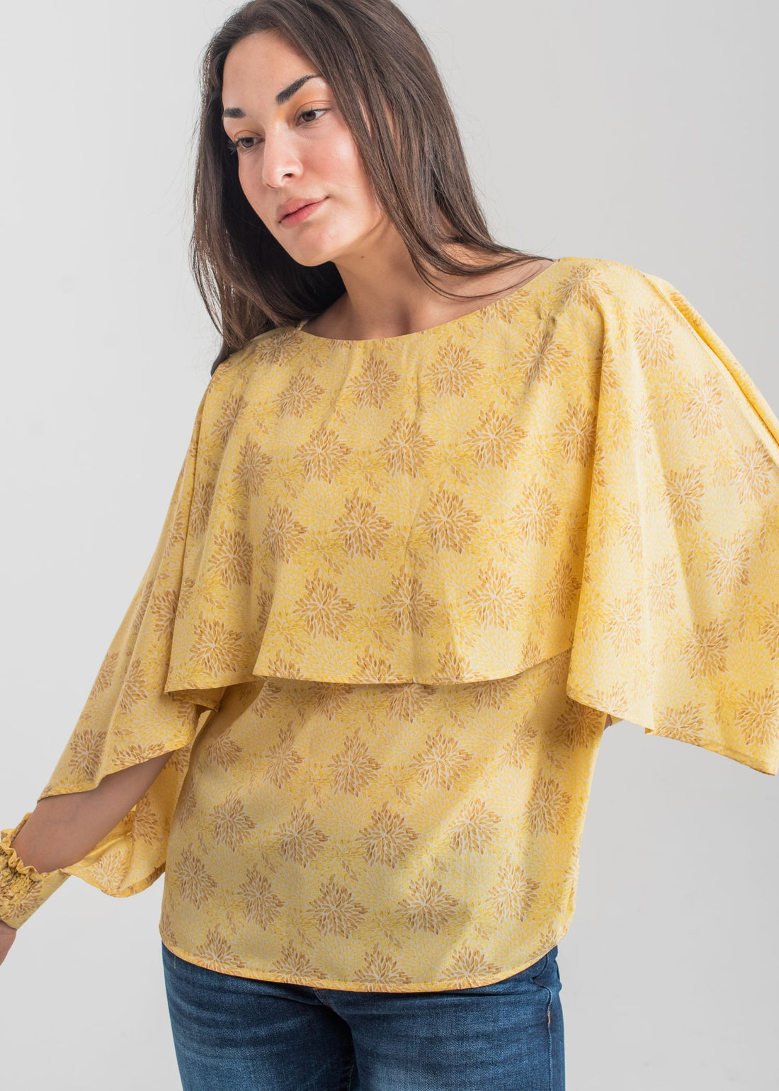 Women's Printed Wing Top in Yellow with a Floral Pattern