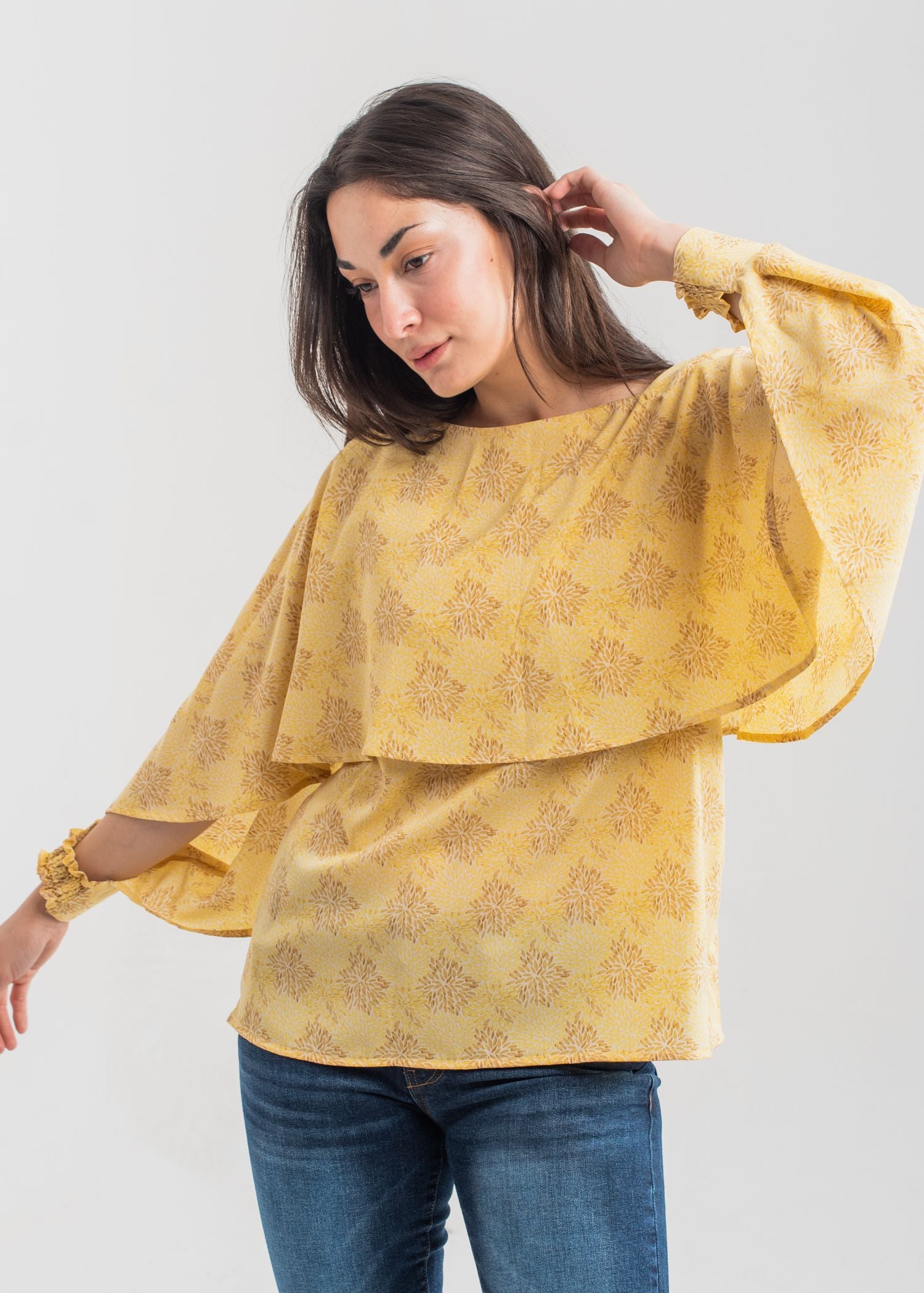 Women's Printed Wing Top in Yellow with a Floral Pattern