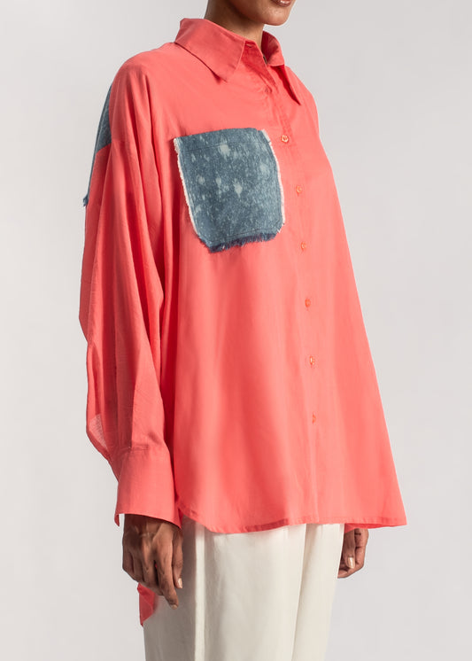 Women's Button Down Shirt in Orange with a frayed Denim Pocket and Back Patch