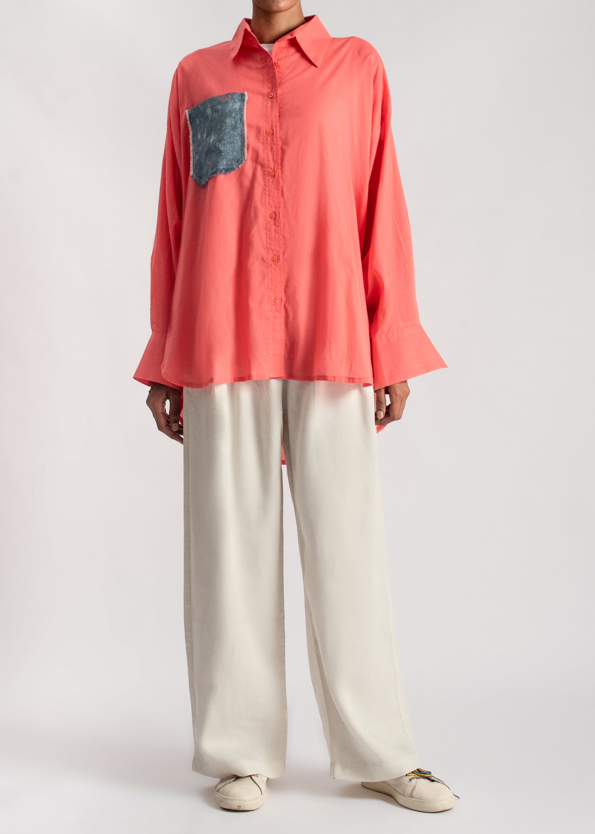 Women's Button Down Shirt in Orange with a frayed Denim Pocket and Back Patch