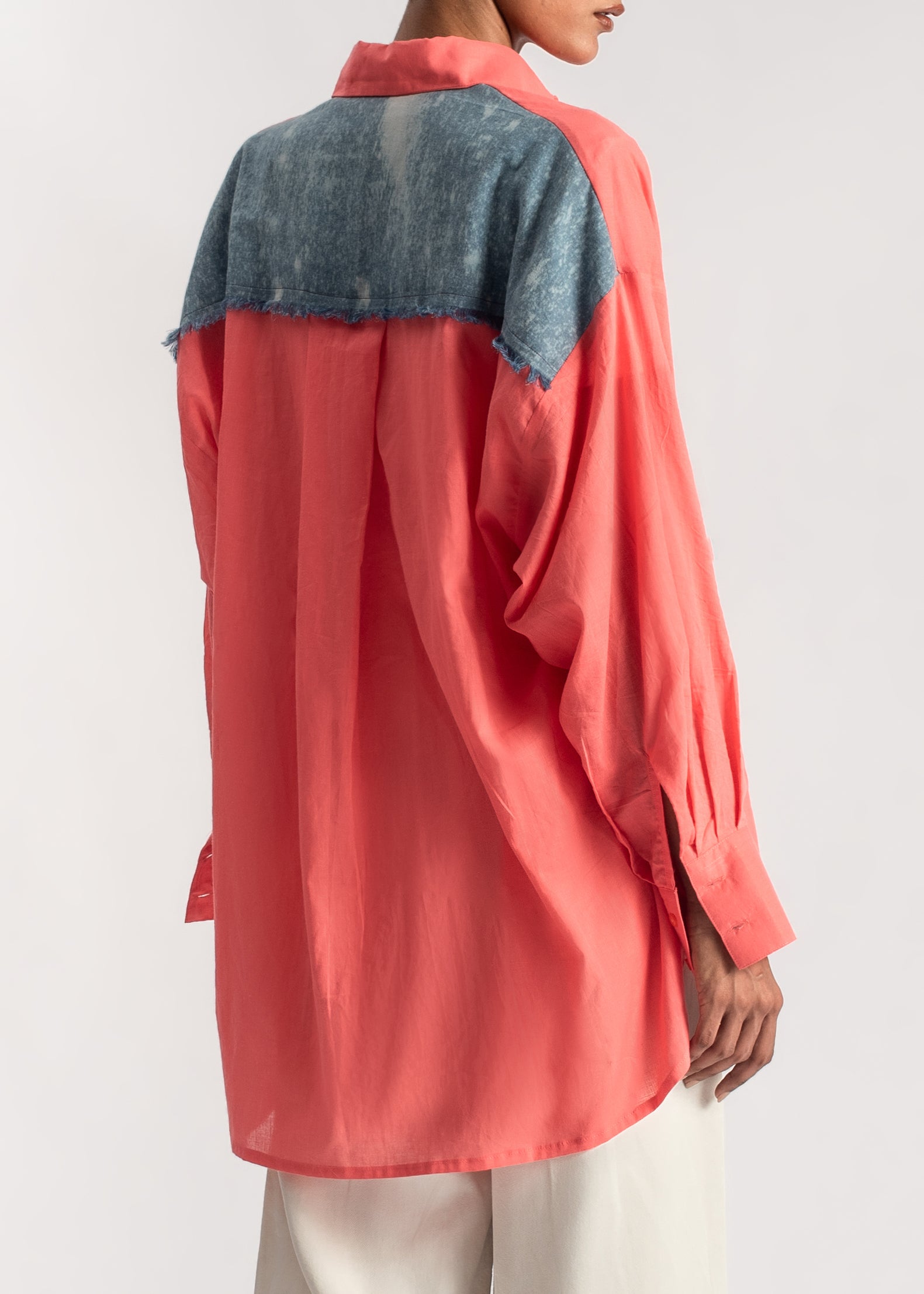 Women's Button Down Shirt in Orange with a frayed Denim Pocket and Back Patch