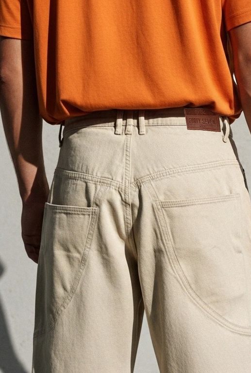 Beige patchline loose fit jeans men wide leg panel design modern streetwear look