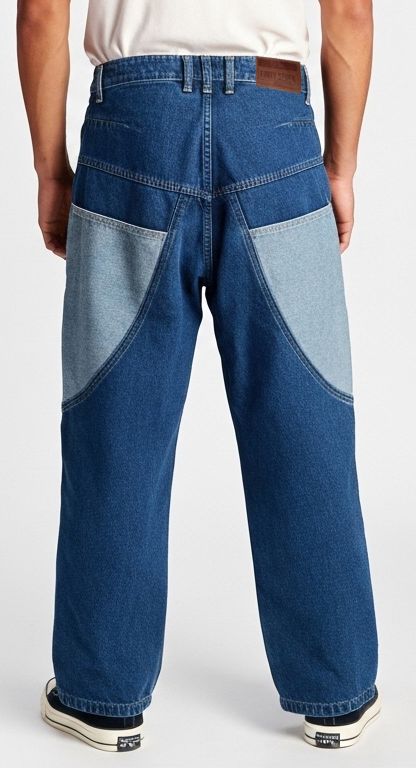 Two tone patchwork loose fit jeans men contrast panels streetwear fashion style