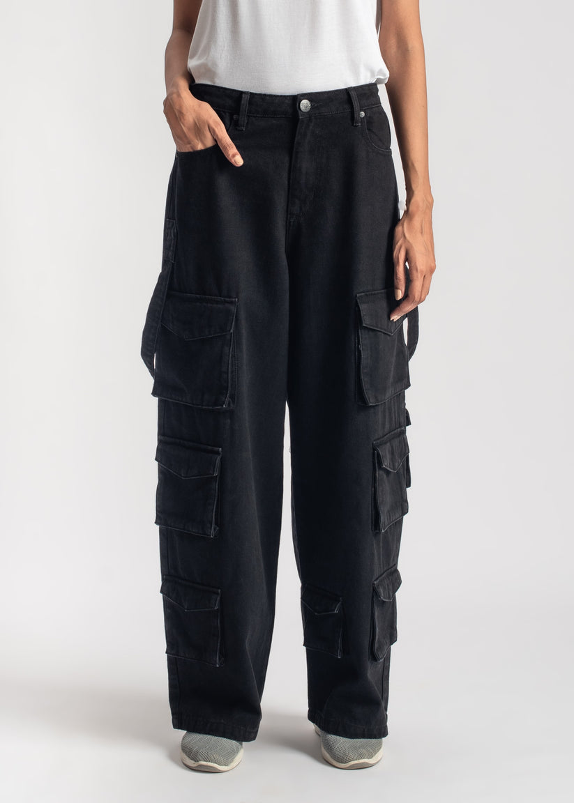 Black Multi Pocket Cargo Jeans Women 