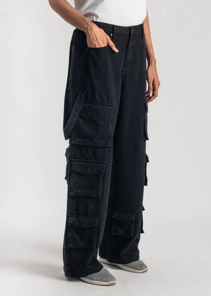 Black Multi Pocket Cargo Jeans Women 
