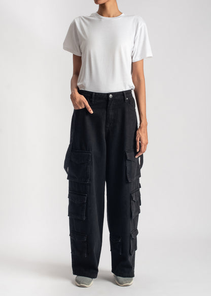 Black Multi Pocket Cargo Jeans Women 