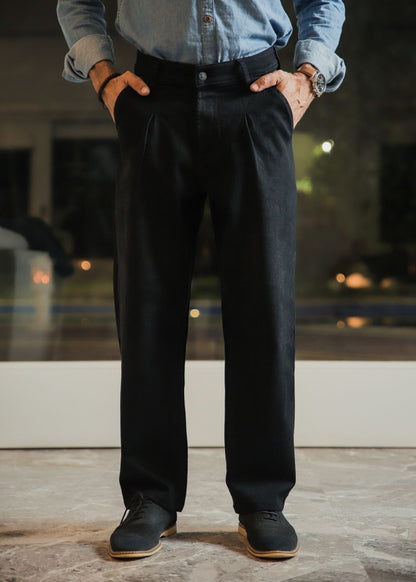 Black pleated relaxed jeans men loose fit formal style clean minimal evening outfit