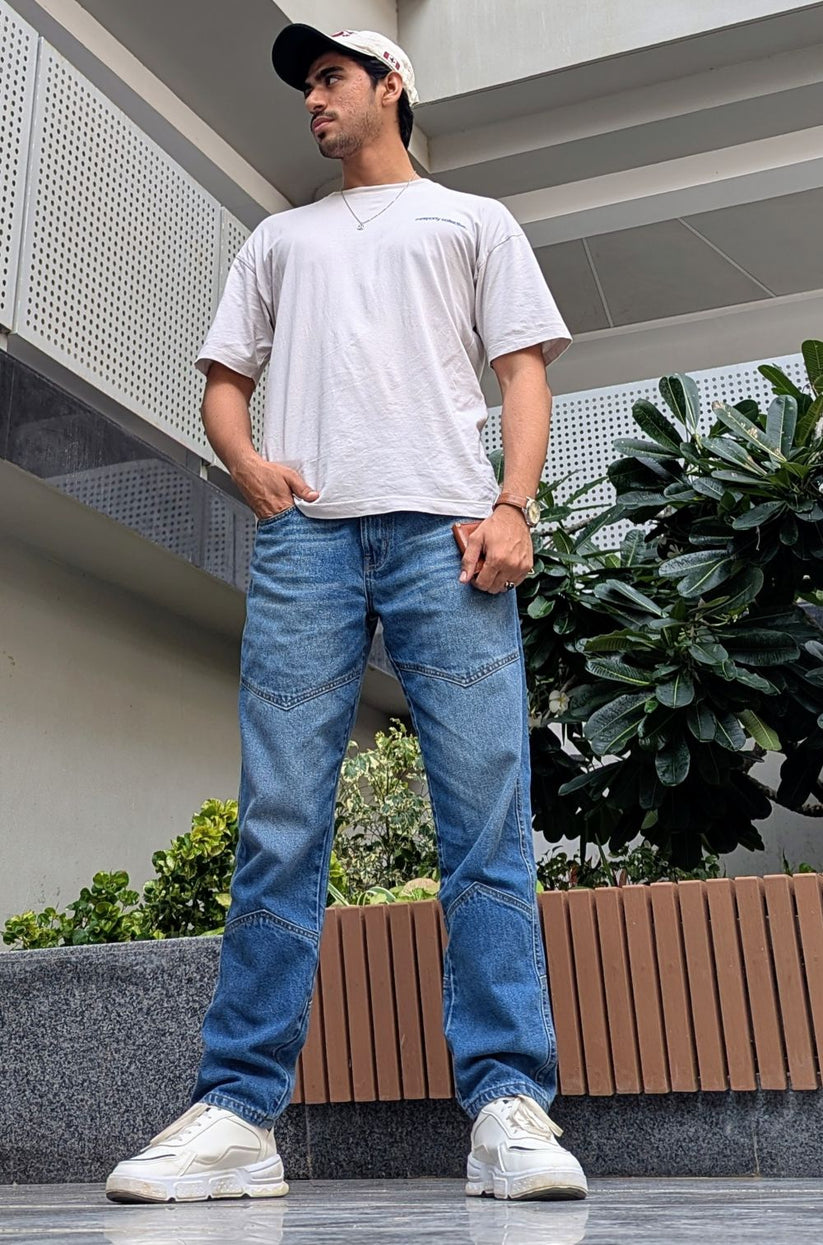 Blue denim loose fit jeans men classic wash straight relaxed everyday casual wear