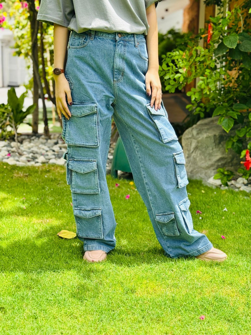 Blue Multi Pocket Cargo Jeans Women 