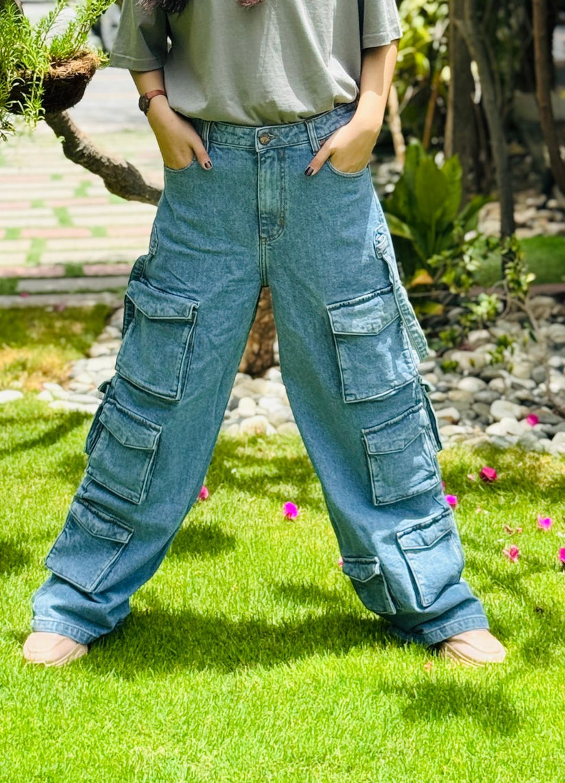Blue Multi Pocket Cargo Jeans Women 