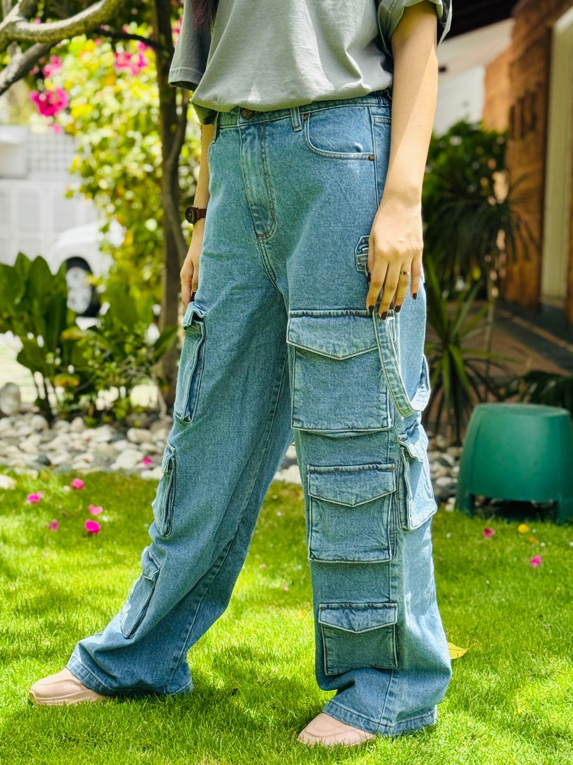 Blue Multi Pocket Cargo Jeans Women 