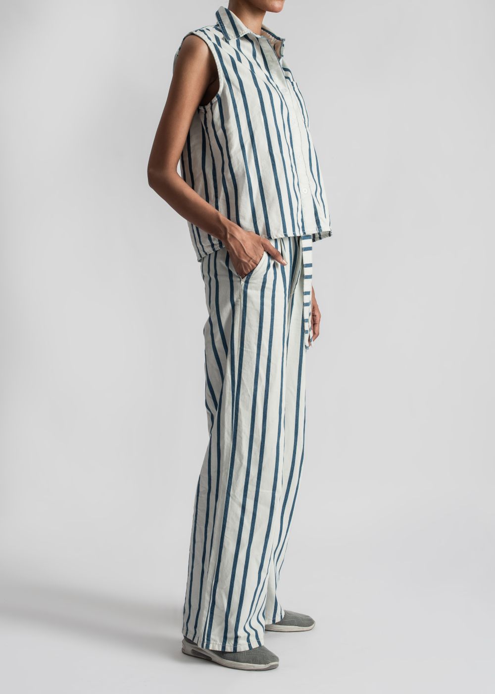 Side View of Blue Striped Co-ord Set