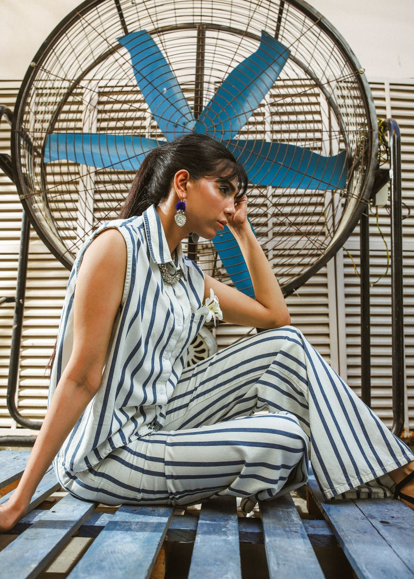 Blue Striped Co-ord Set with Strings