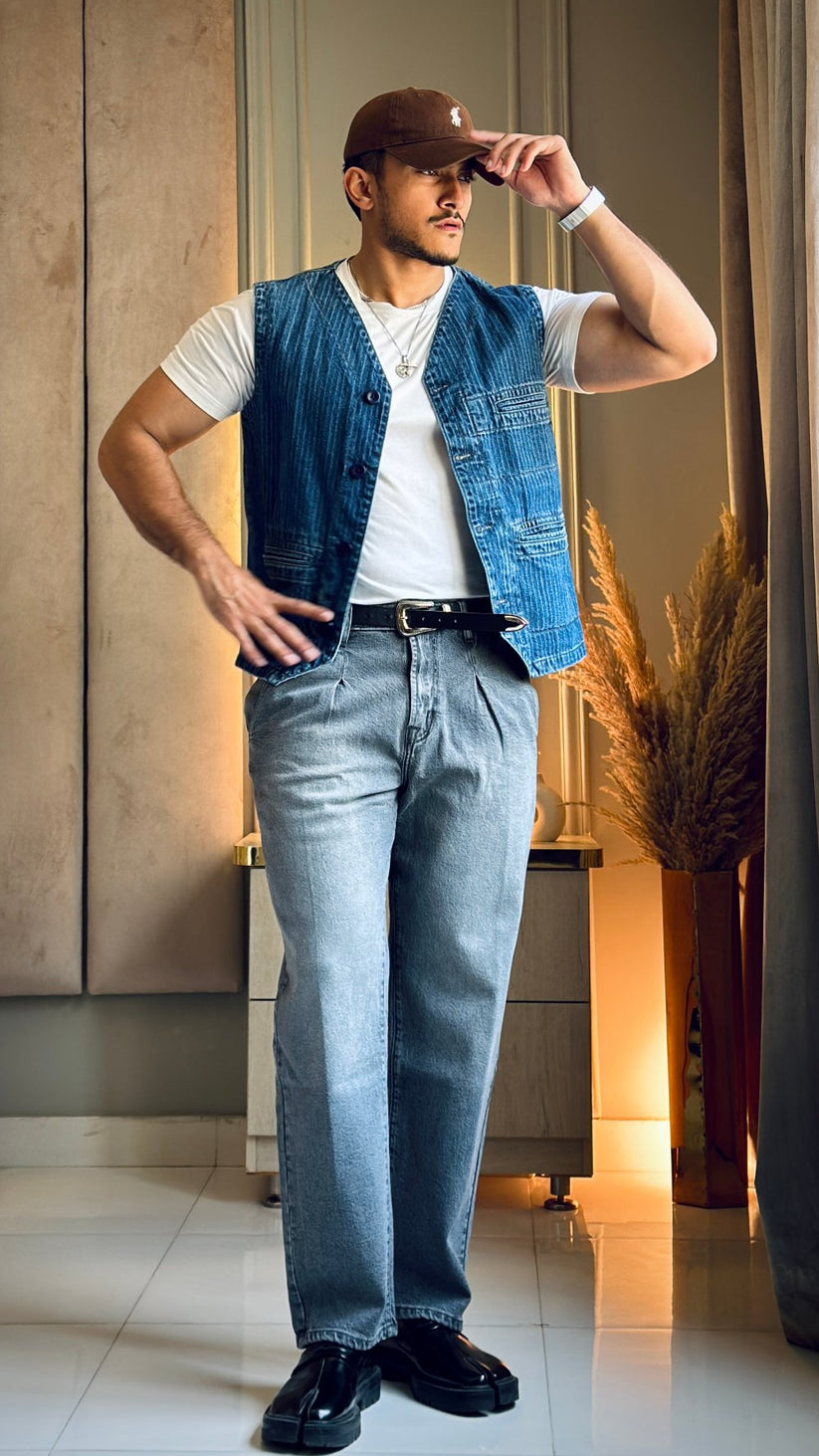 Dark Blue Urban Pleat Relaxed Jeans 