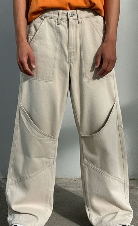 Beige patchline loose fit jeans men wide leg panel design modern streetwear look
