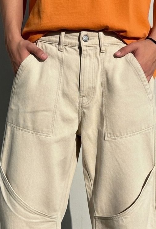 Beige patchline loose fit jeans men wide leg panel design modern streetwear look