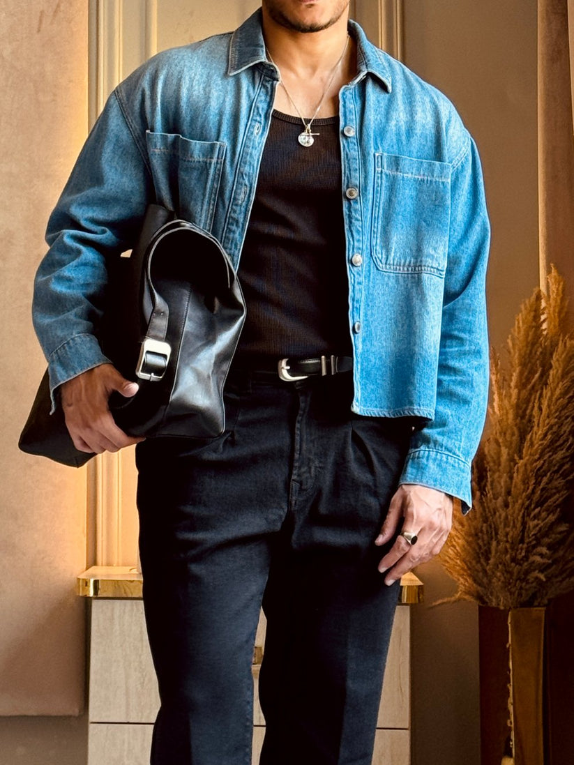 Black pleated relaxed jeans men loose fit formal style clean minimal evening outfit