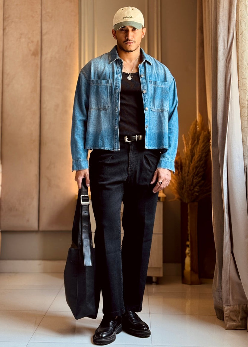 Black pleated relaxed jeans men loose fit formal style clean minimal evening outfit