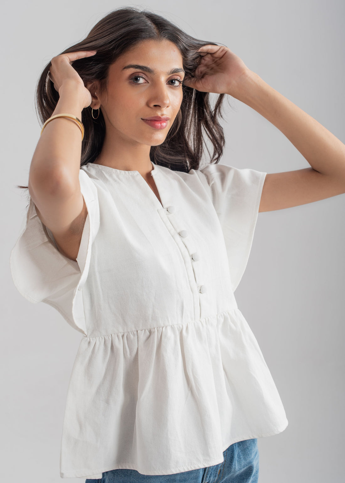 Ladies Denim Peplum Top in White