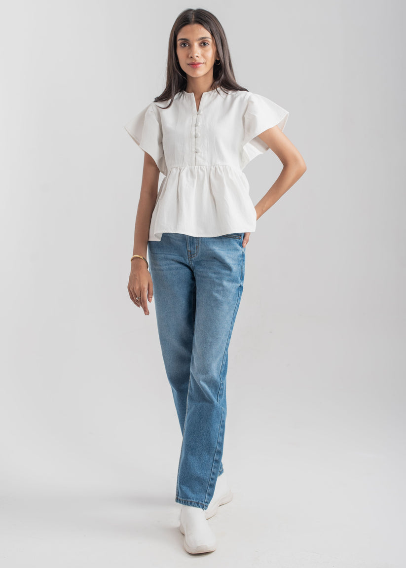 Ladies Denim Peplum Top in White