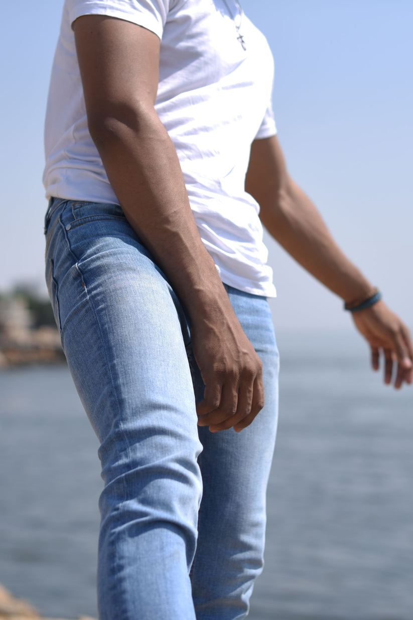 Light Blue Bruno Jeans slim fit light blue denim with faded wash for rugged outdoor styling
