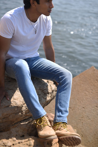 Light Blue Bruno Jeans slim fit light blue denim with faded wash for rugged outdoor styling