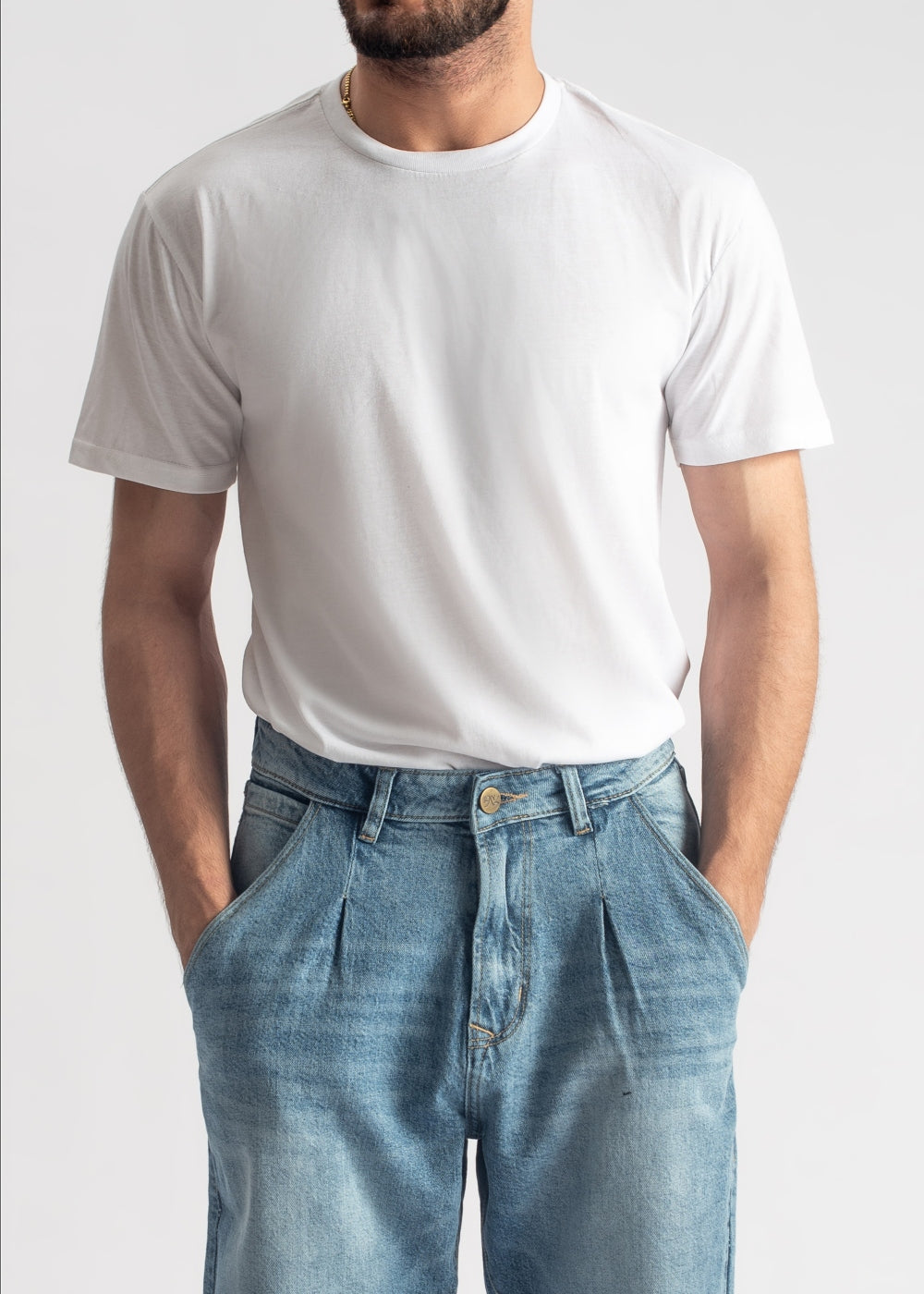Men's basic white crew neck t-shirt with clean minimalist design