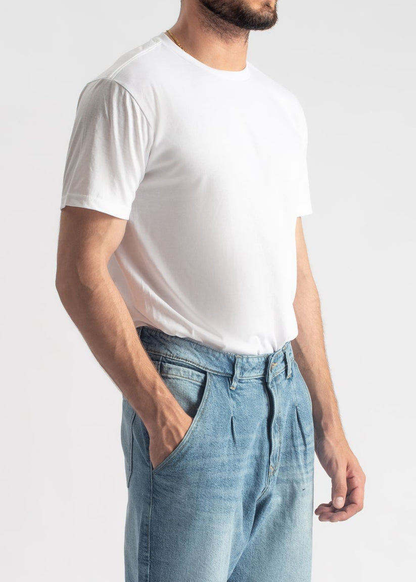 Men's basic white crew neck t-shirt with clean minimalist design