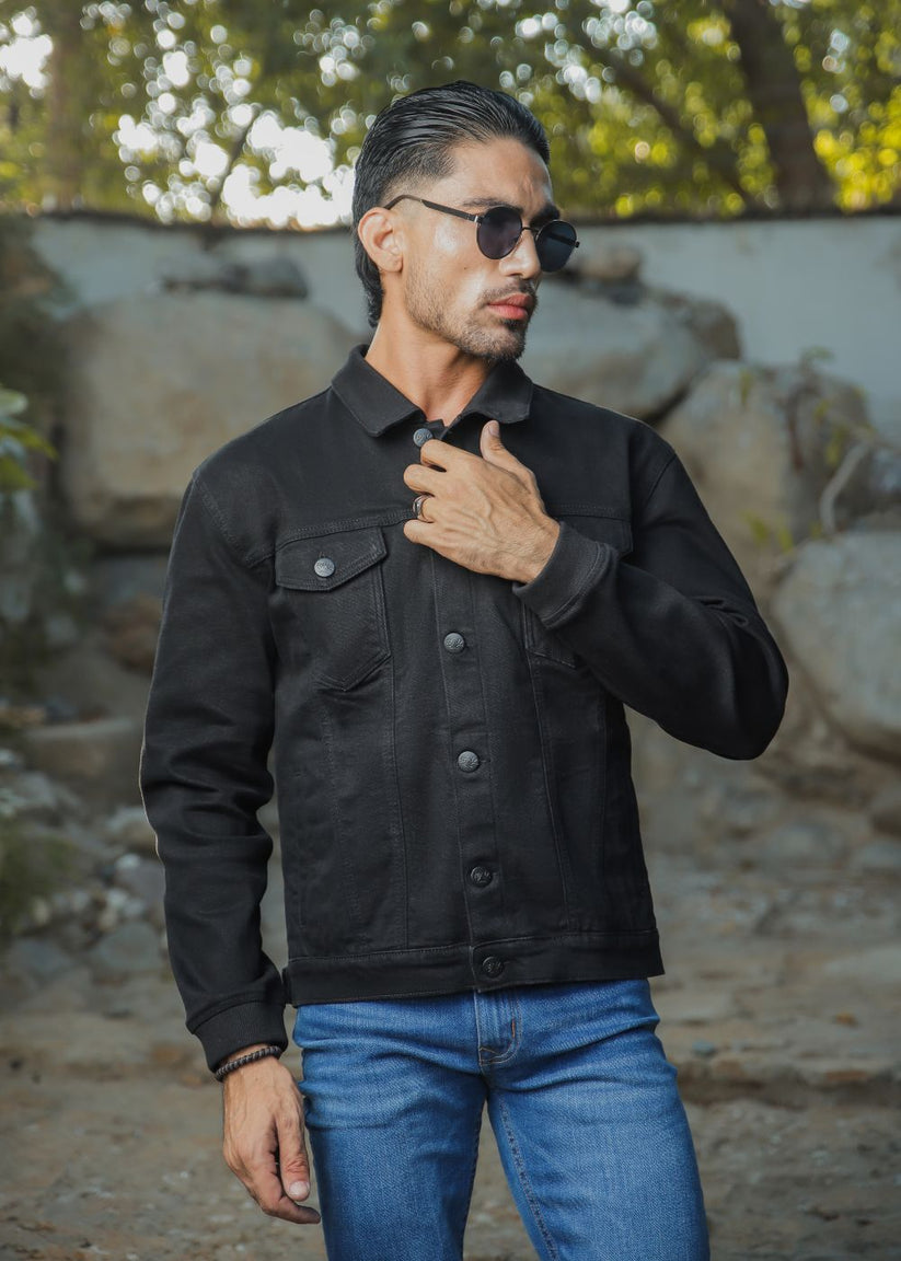 Men's black denim jacket with button-down front
