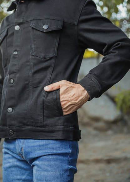 Men's black denim jacket with button-down front