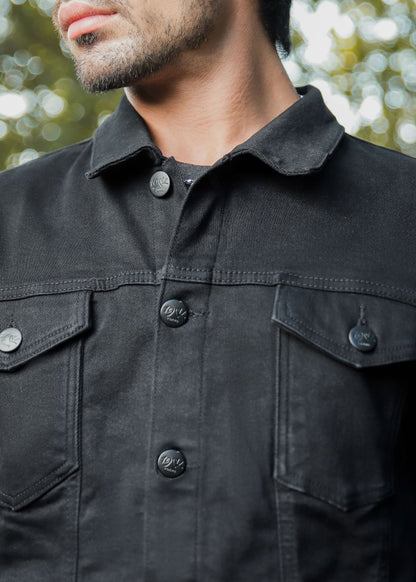 Men's black denim jacket with button-down front
