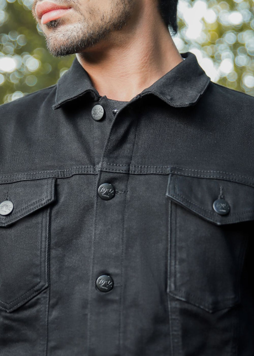 Men's black denim jacket with button-down front