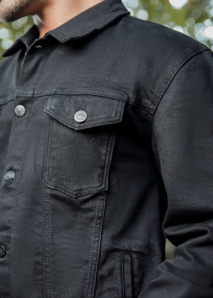 Men's black denim jacket with button-down front
