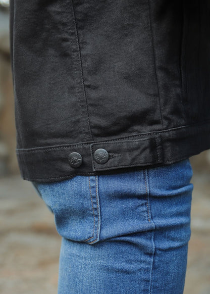 Men's black denim jacket with button-down front