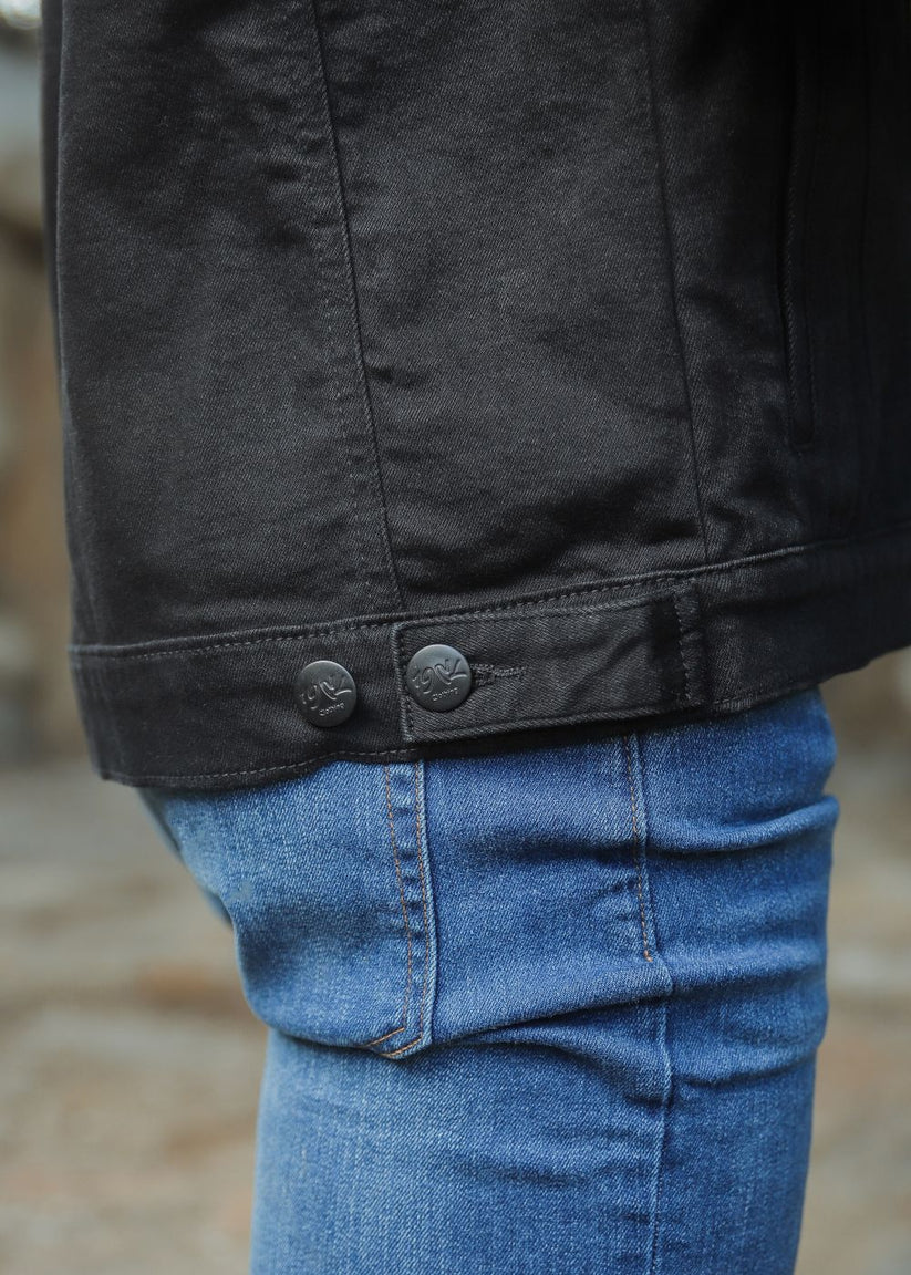 Men's black denim jacket with button-down front