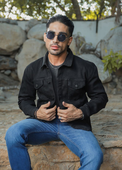 Men's black denim jacket with button-down front