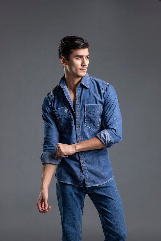 Men's blue casual shirt with relaxed fit and textured fabric for everyday wear