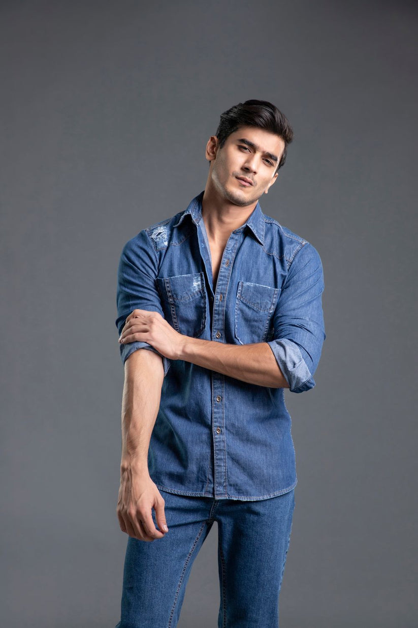 Men's blue casual shirt with relaxed fit and textured fabric for everyday wear